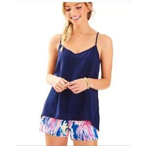 Lilly Pulitzer Fleur Silk Cami Top Navy Blue V-Neck Racerback Women's Size Small